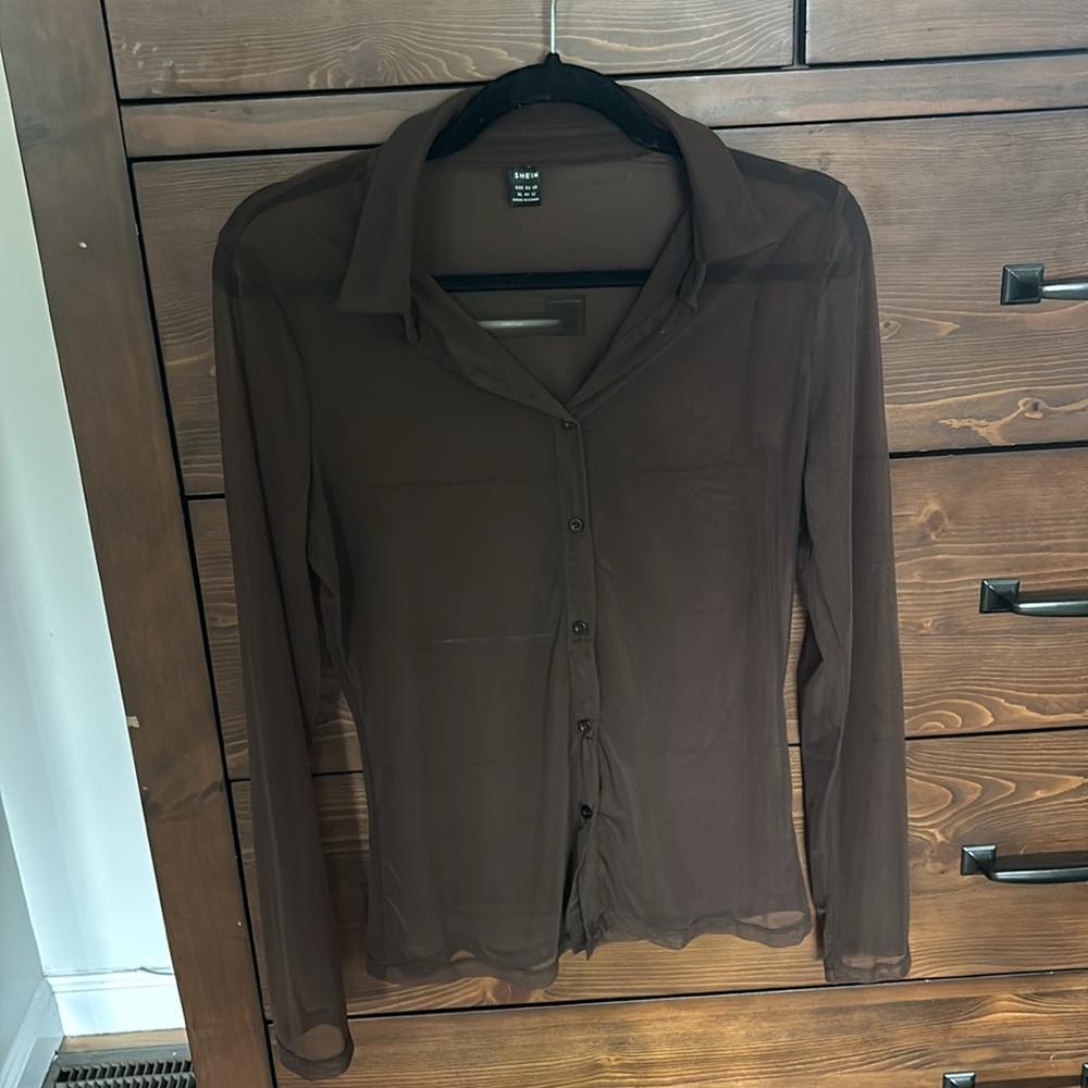 Coffee Brown Mesh Button Down Shirt - BUNDLE AND MAKE OFFER